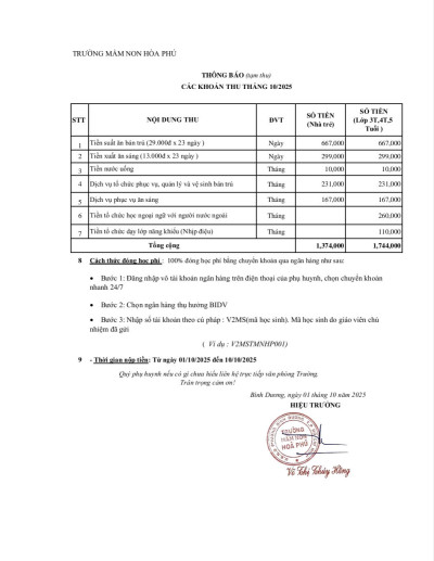 THÔNG BÁO CÁC KHOẢN THU THÁNG 10/2025