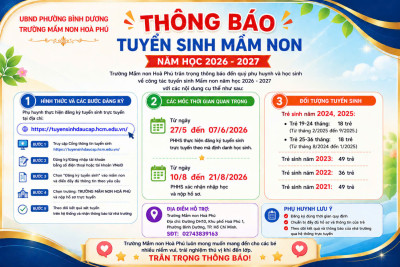 THÔNG BÁO TUYỂN SINH TRƯỜNG MÂM NON HÒA PHÚ NĂM HỌC: 2026-2027