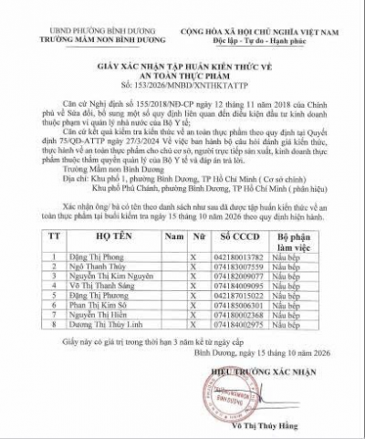 TRƯỜNG MẦM NON BÌNH DƯƠNG THAM GIA TẬP HUẤN KIẾN THỨC VỀ AN TOÀN THỰC PHẨM