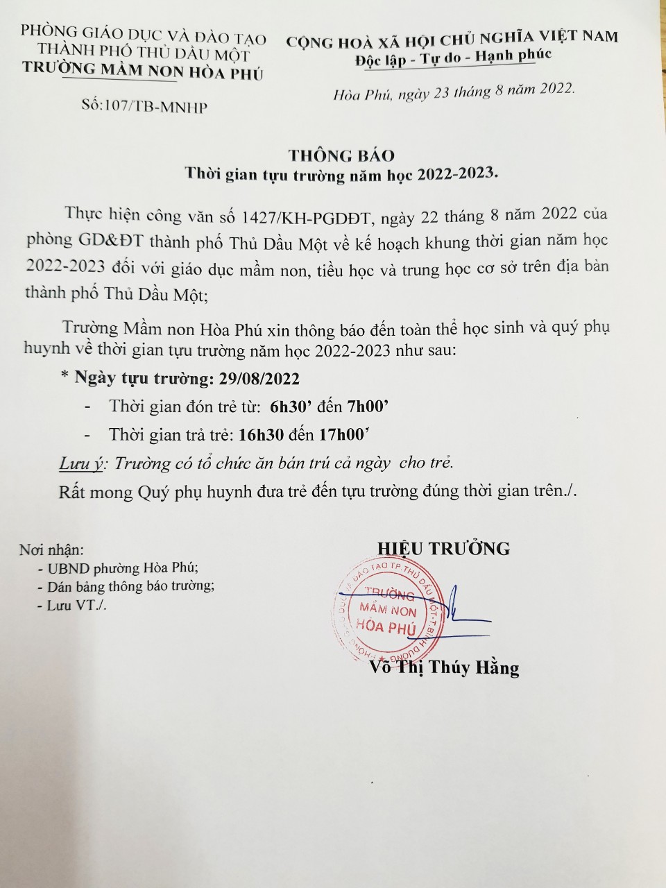 THÔNG BÁO THỜI GIAN NHẬP HỌC 2022-2023