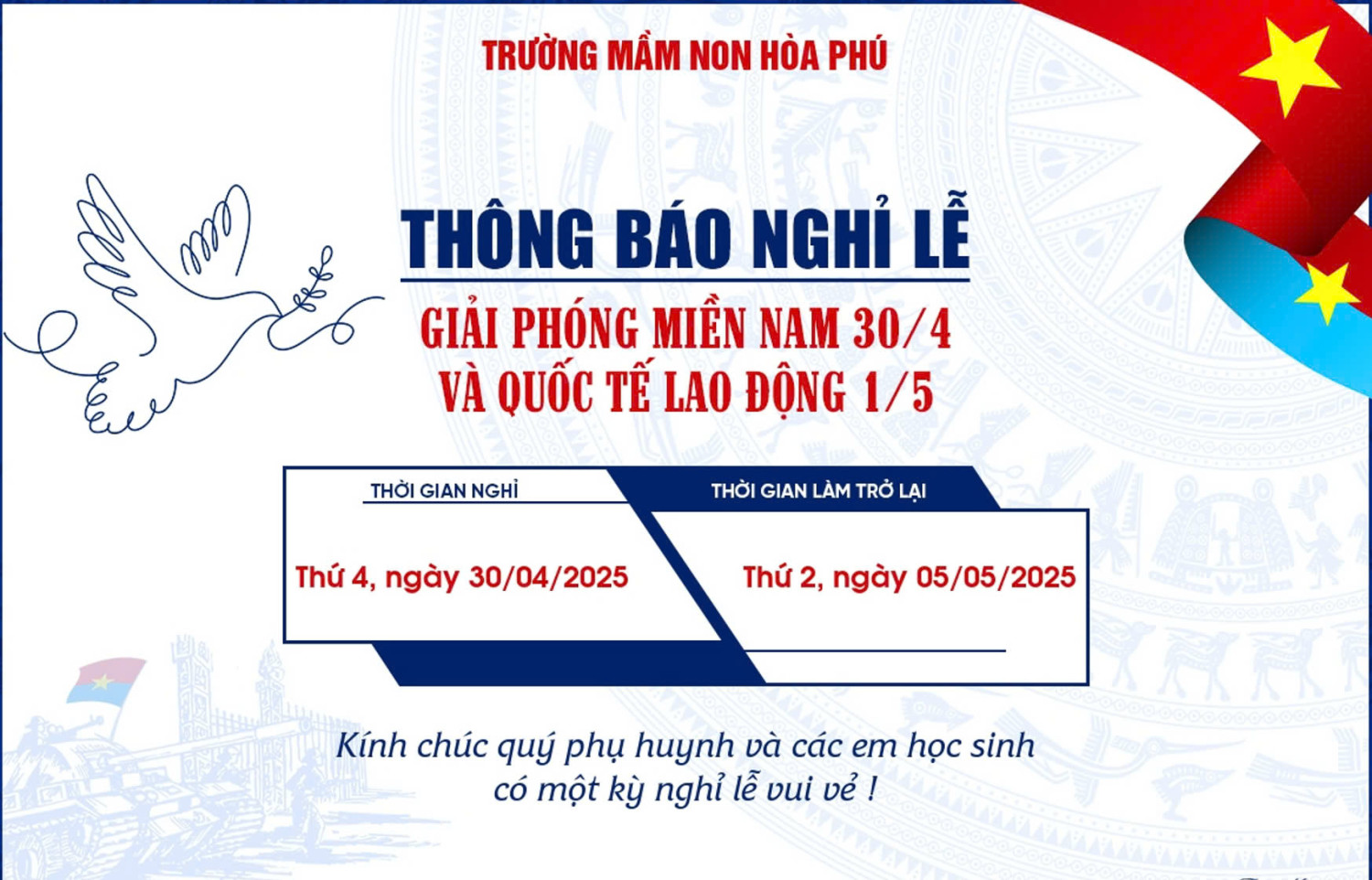 THÔNG BÁO NGHỈ LỄ 30 4 VÀ 1 5