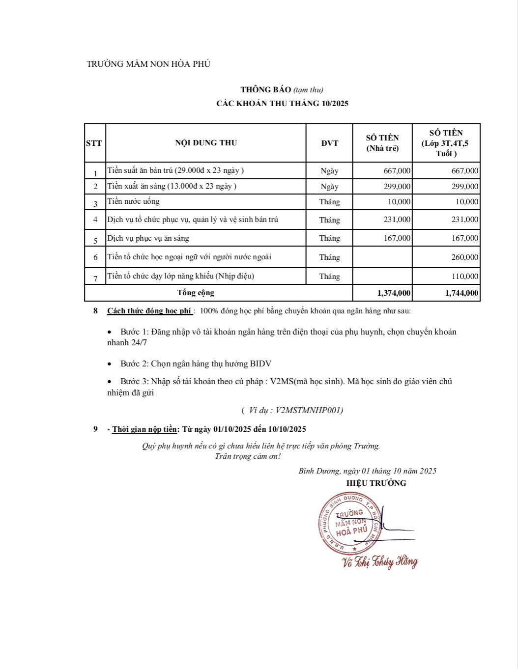 THÔNG BÁO CÁC KHOẢN THU THÁNG 10/2025