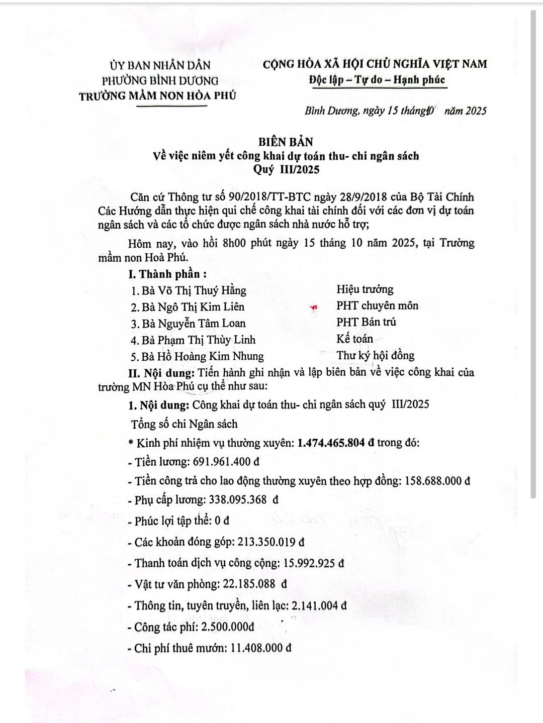 BIÊN BẢN VỀ VIỆC NIÊM YẾT CÔNG KHAI DỰ TOÁN THU-CHI NGÂN SÁCH QUÝ III/2025