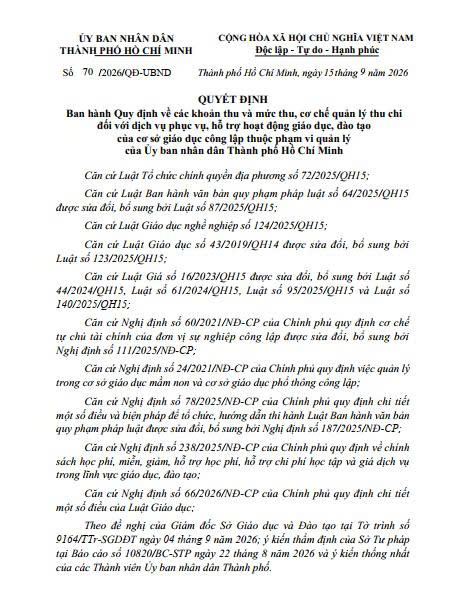 Quyết định Ban hành Quy định về các khoản thu và mức thu, cơ chế quản lý thu chi đối với dịch vụ phục vụ, hỗ trợ hoạt động giáo dục, đào tạo của cơ sở giáo dục công lập thuộc phạm vi quản lý của Ủy ban nhân dân Thành phố Hồ Chí Minh