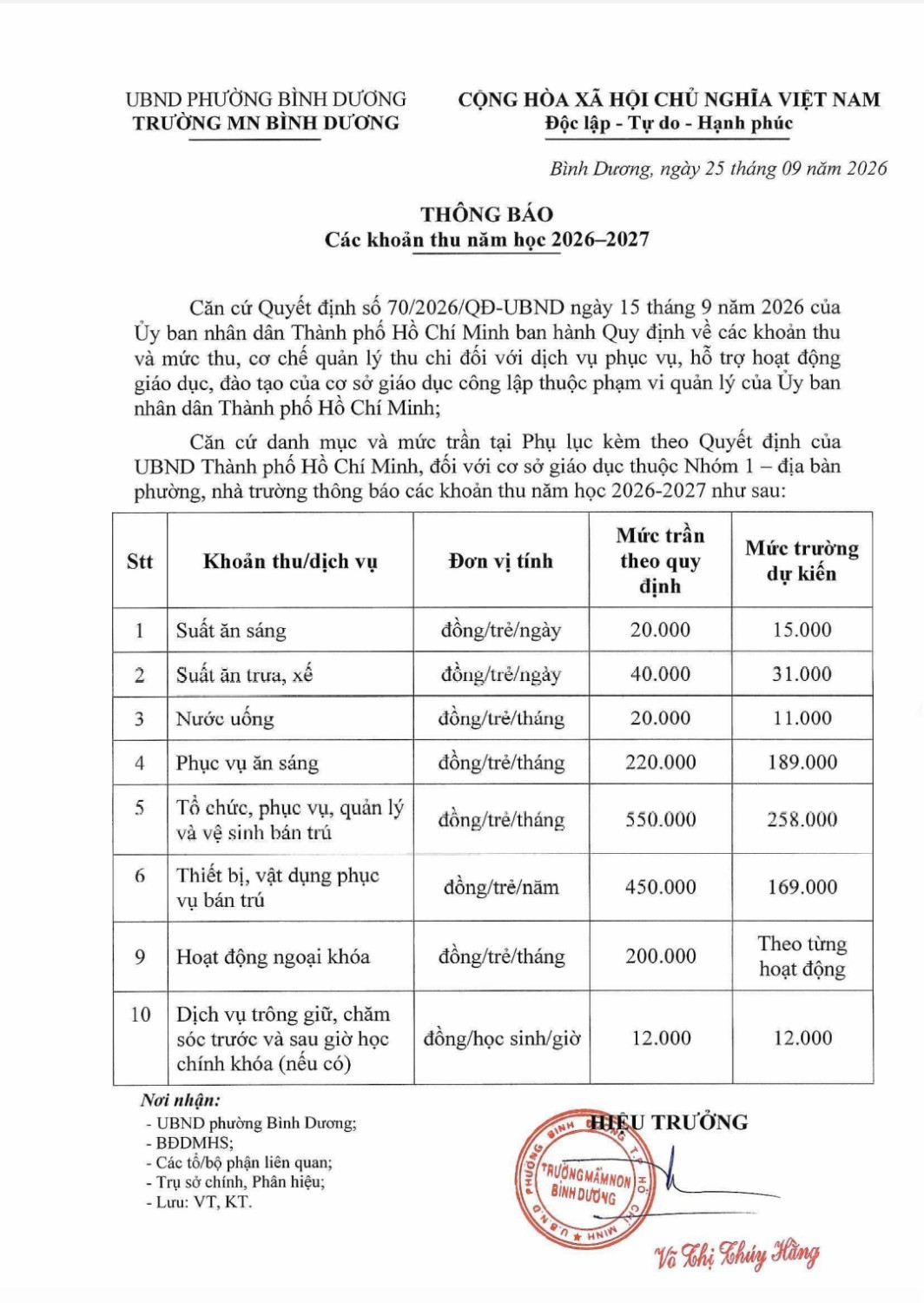 THÔNG BÁO CÁC KHOẢN THU TRƯỜNG MN BÌNH DƯƠNG NĂM HỌC: 2026-2027